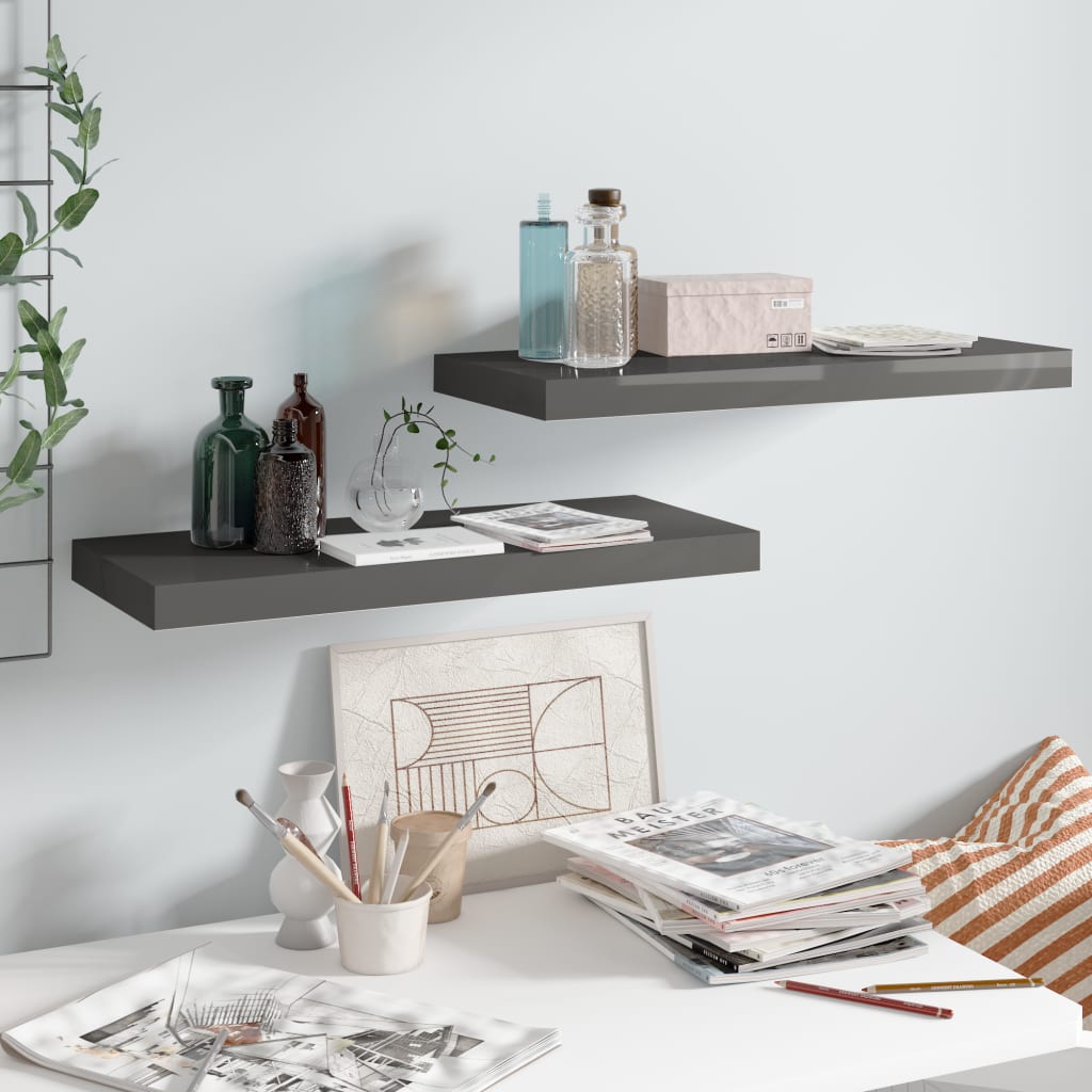 2 db magasfényű szürke mdf fali polc 60 x 23,5 x 3,8 cm