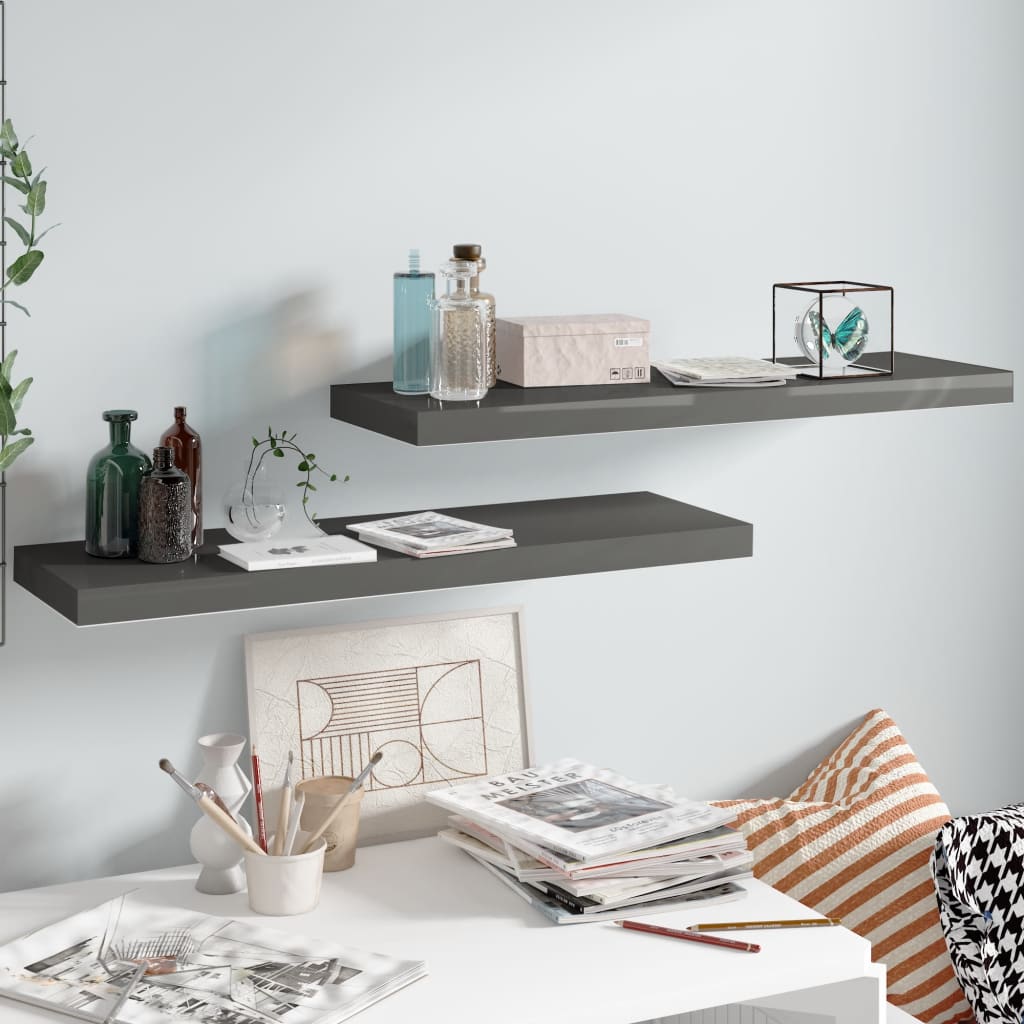 2 db magasfényű szürke mdf fali polc 80 x 23,5 x 3,8 cm