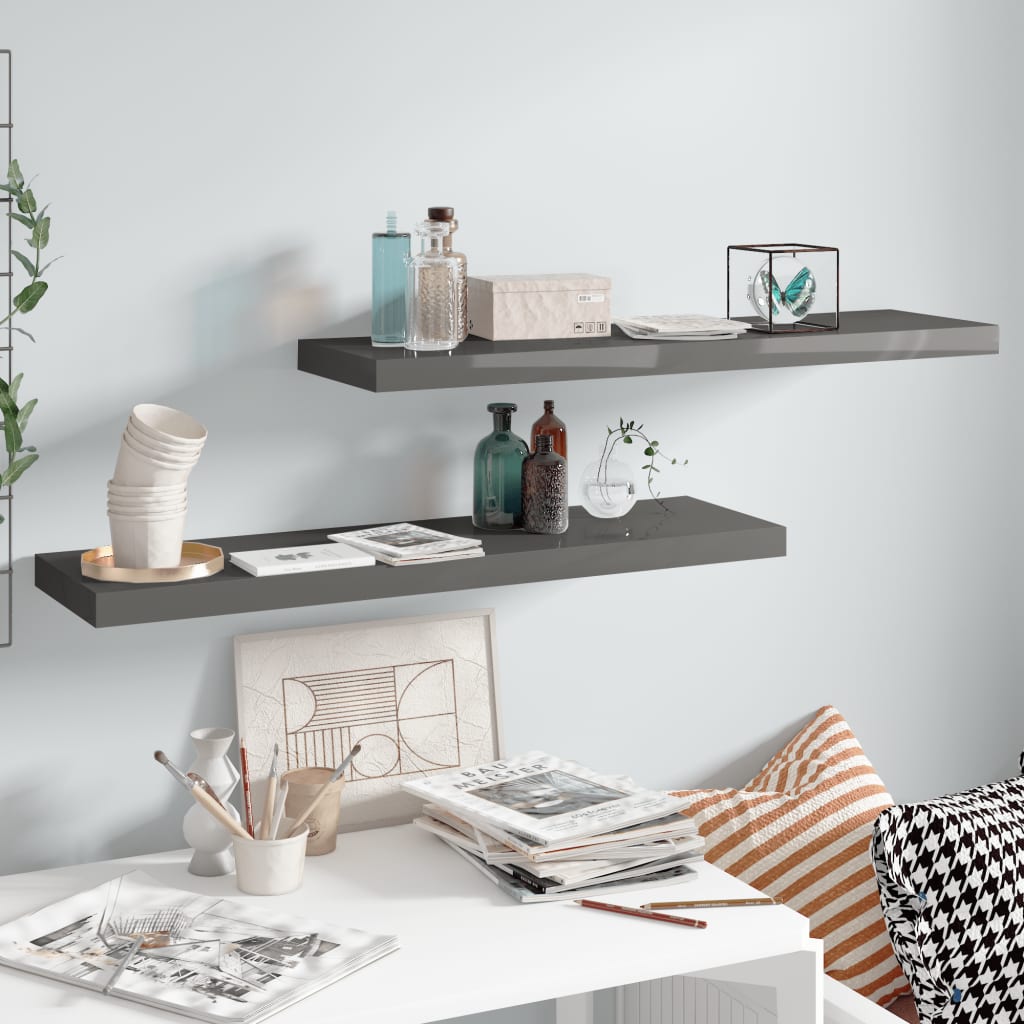 2 db magasfényű szürke mdf fali polc 90 x 23,5 x 3,8 cm