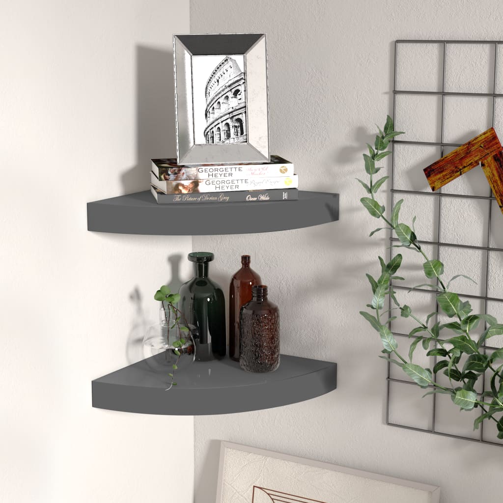 2 db magasfényű szürke mdf lebegő sarokpolc 25 x 25 x 3,8 cm