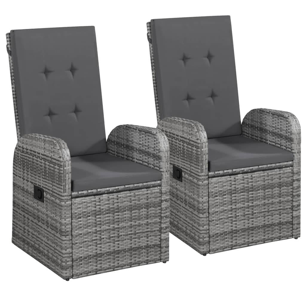 2 db szürke dönthető háttámlás polyrattan kerti szék párnával