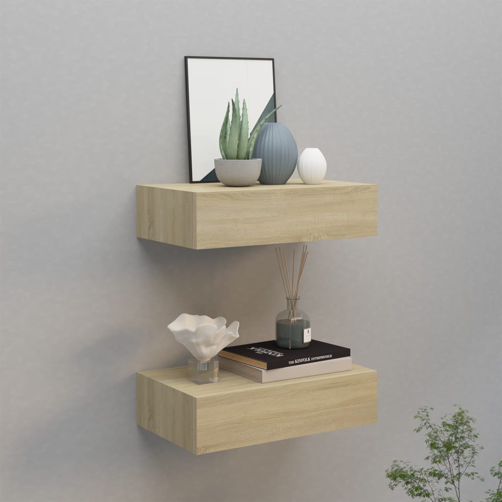 2 db tölgyszínű falra szerelhető fiókos polc 40 x 23,5 x 10 cm