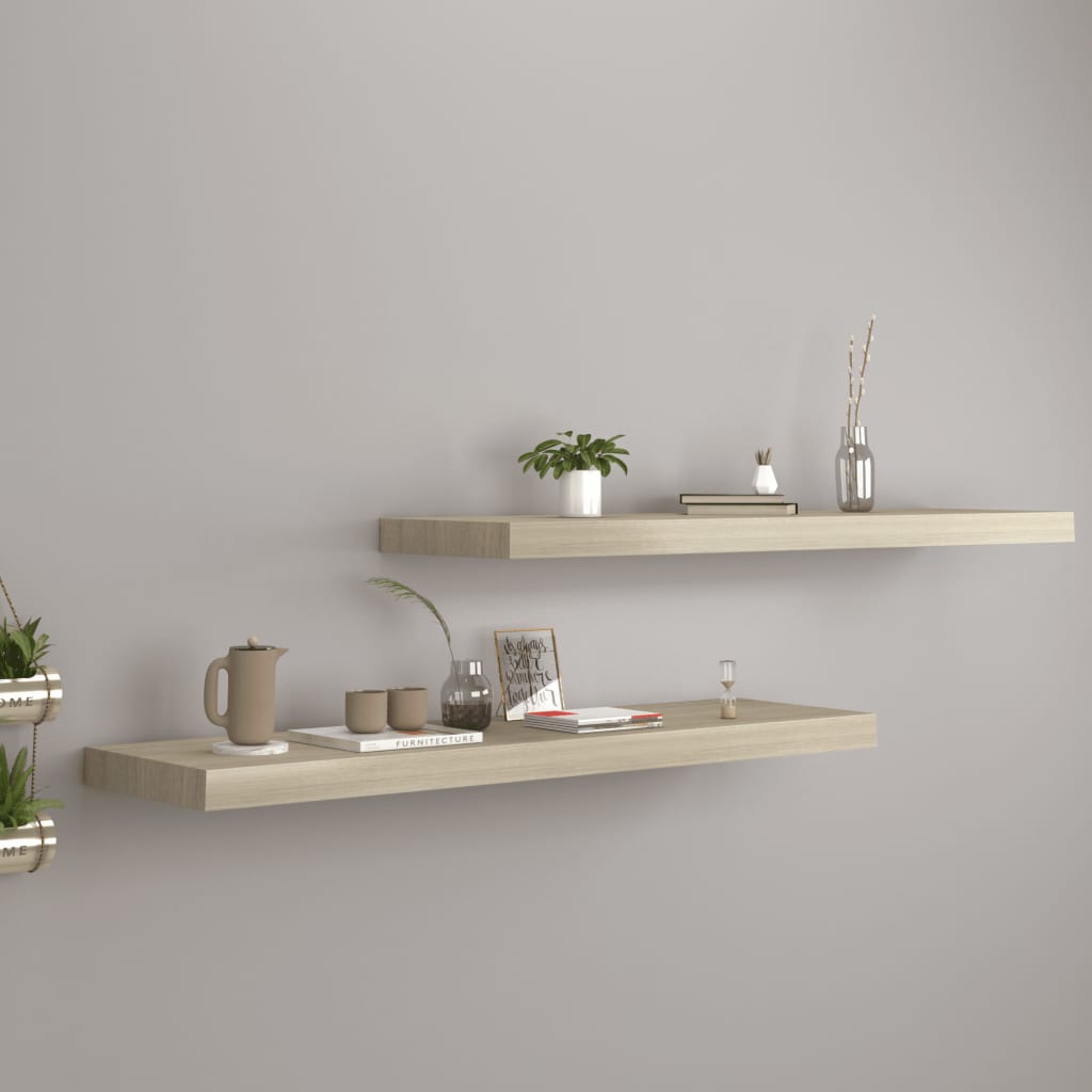 2 db tölgyszínű mdf lebegő fali polc 90 x 23,5 x 3,8 cm