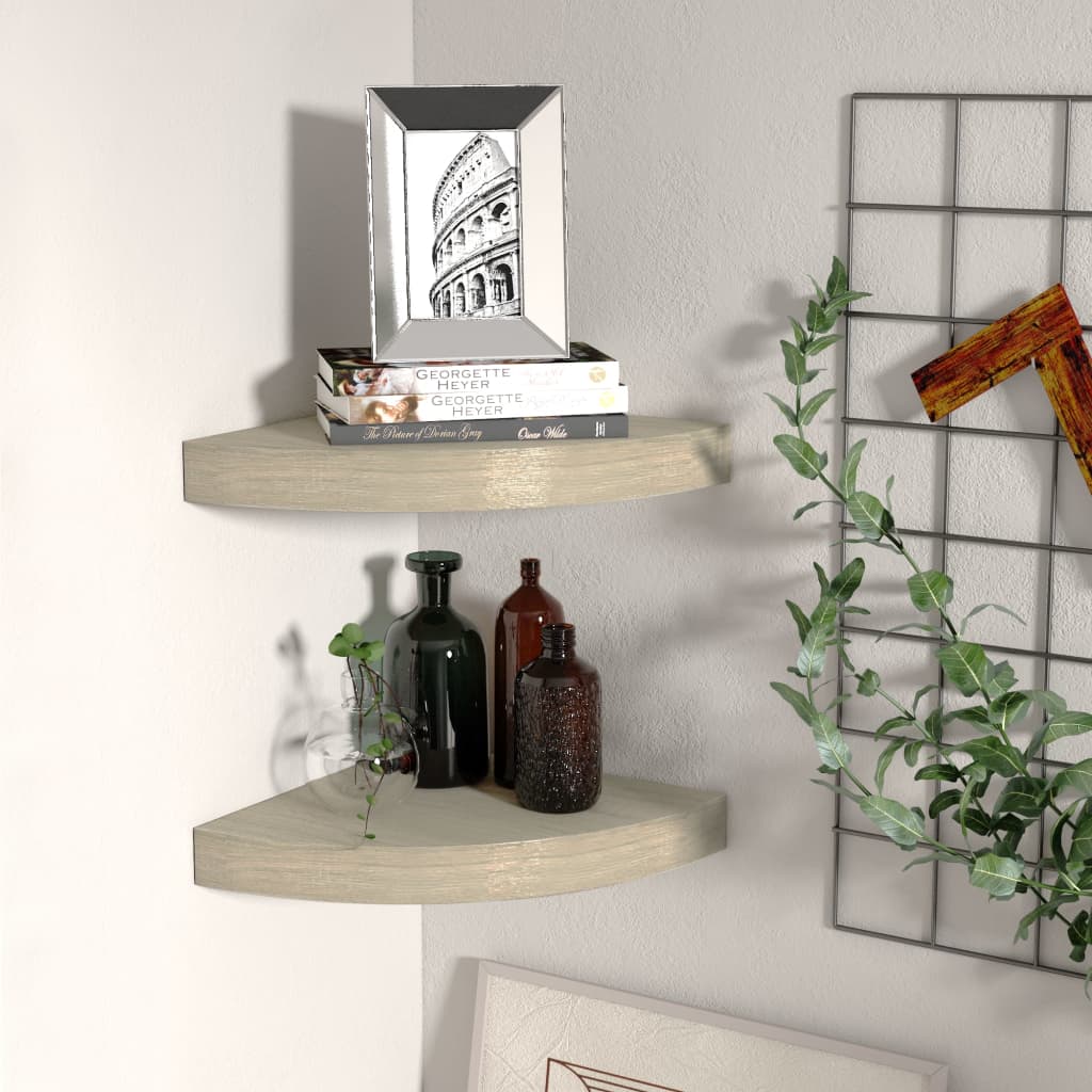 2 db tölgyszínű mdf lebegő sarokpolc 25 x 25 x 3,8 cm