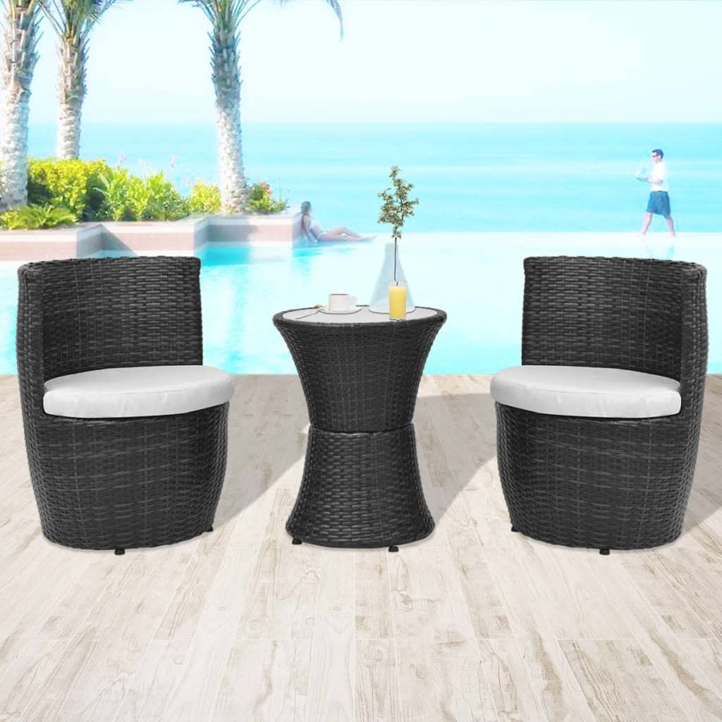 3 darabos fekete polyrattan bisztrószett párnákkal