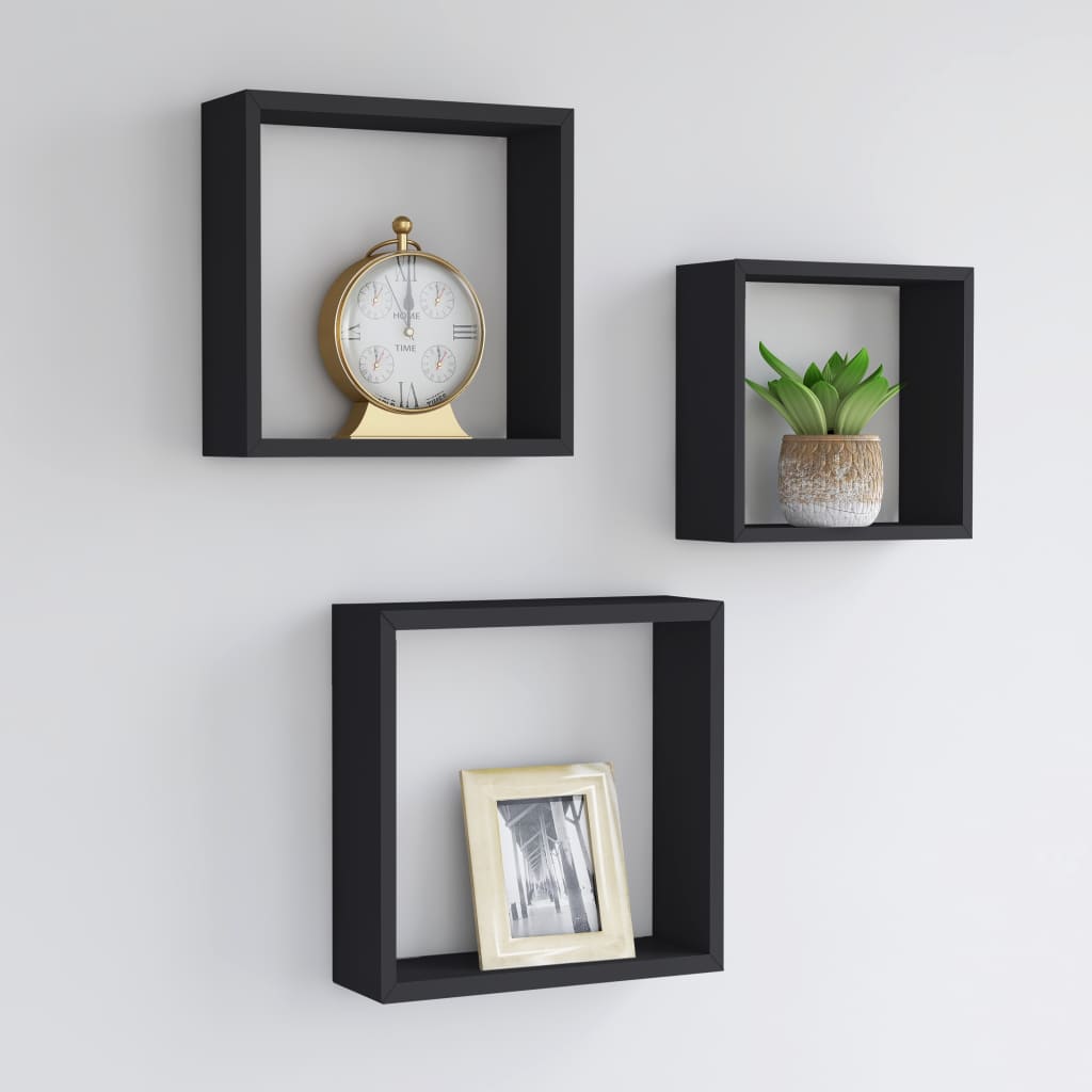 3 db fekete mdf fali kockapolc