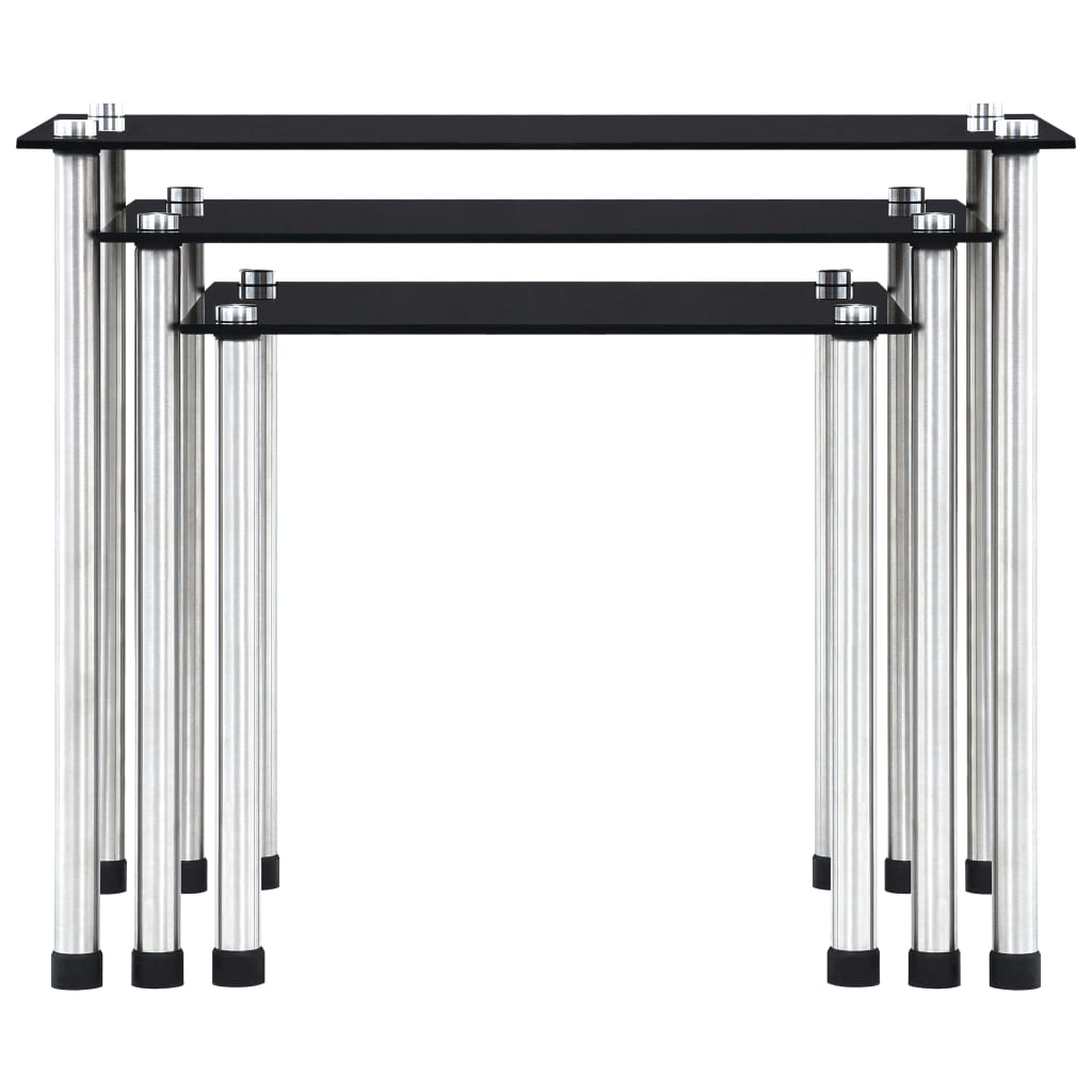 3 db fekete rakásolható edzett üveg asztal