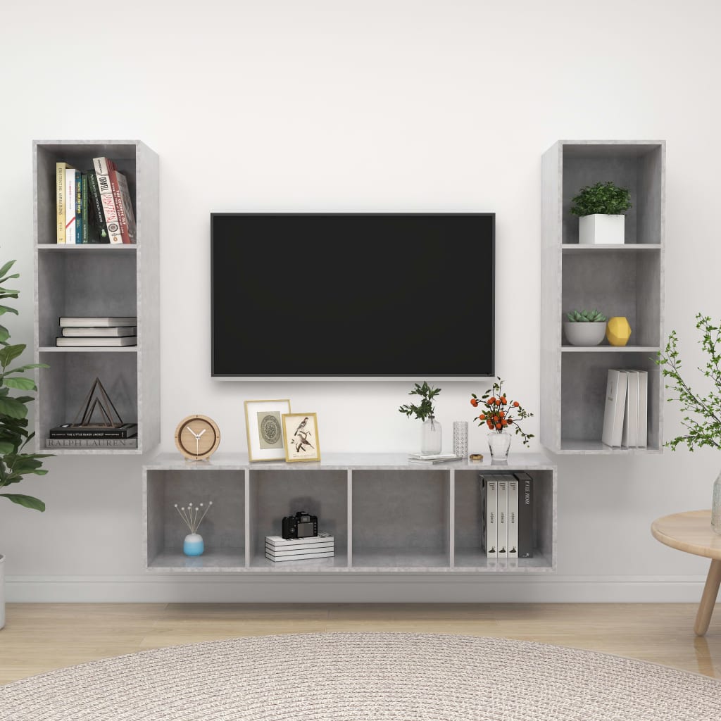 3 részes betonszürke forgácslap tv-szekrény szett