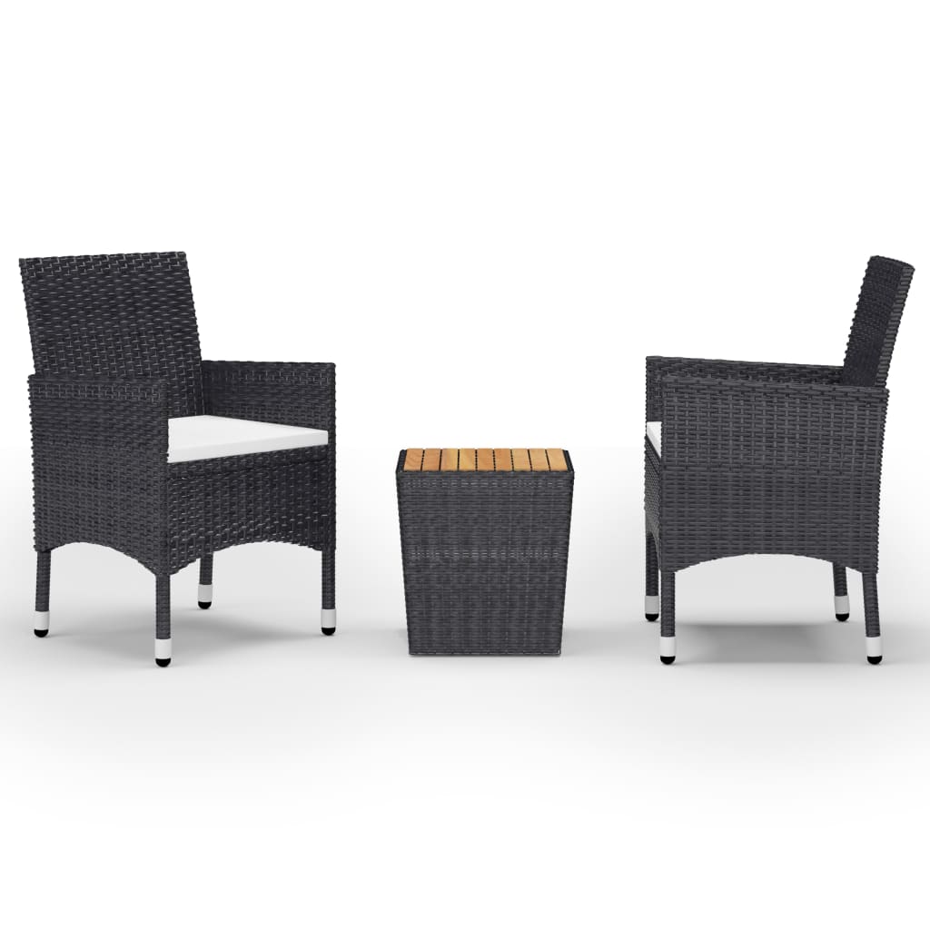 3 részes fekete polyrattan és akácfa bisztrószett