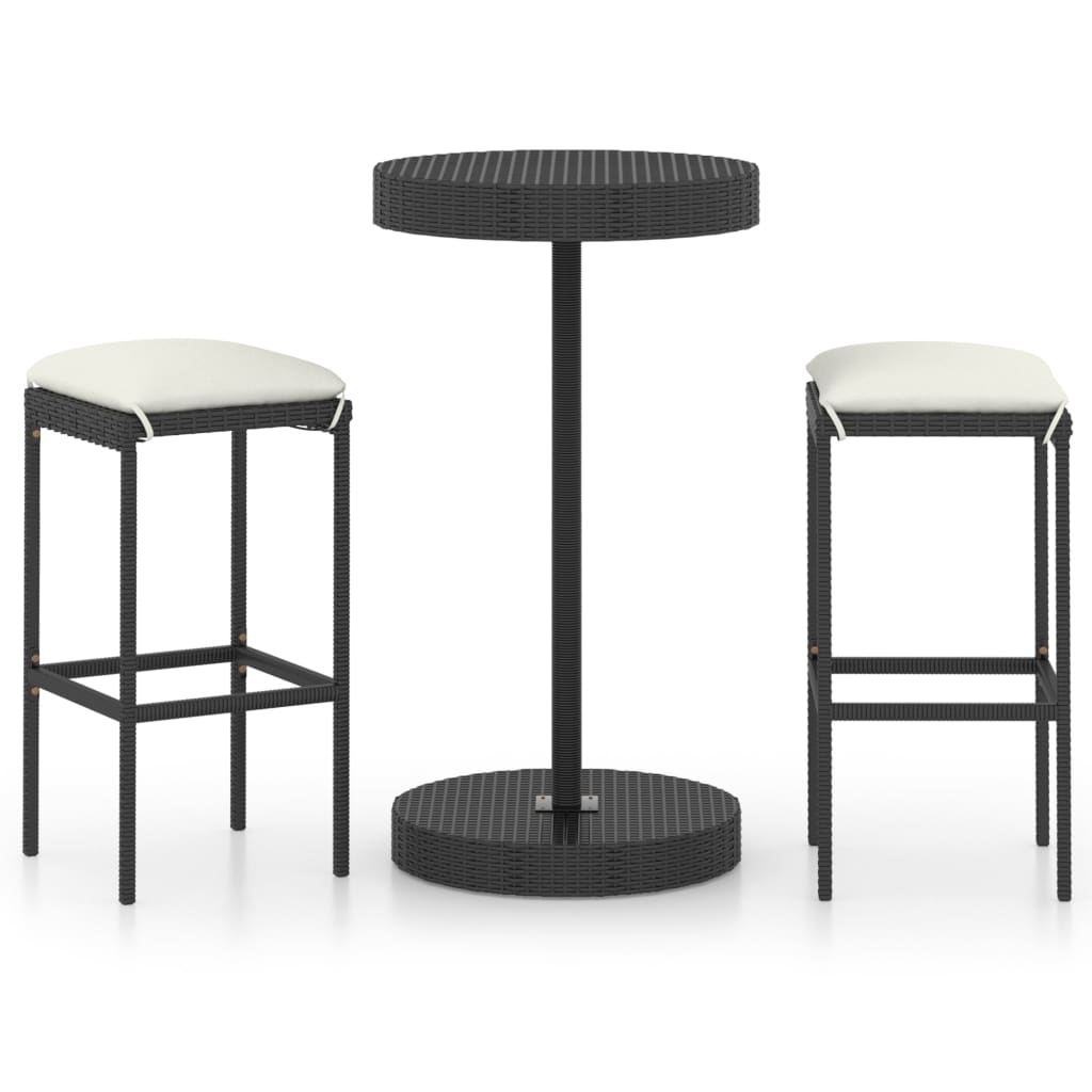 3 részes fekete polyrattan kültéri bárszett párnákkal