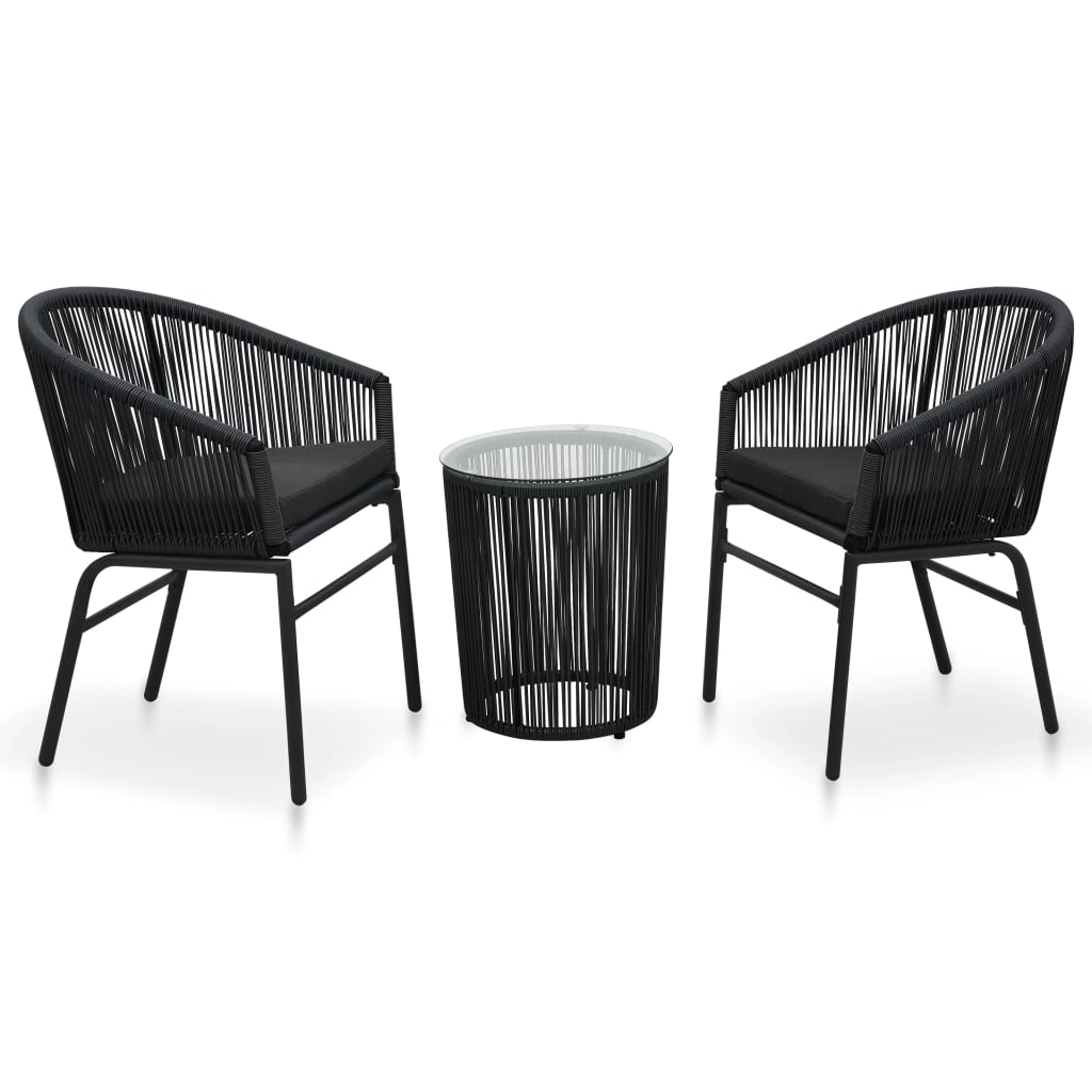 3-részes fekete pvc rattan bisztrószett párnákkal