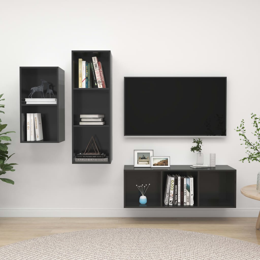 3 részes magasfényű szürke forgácslap tv-szekrény szett