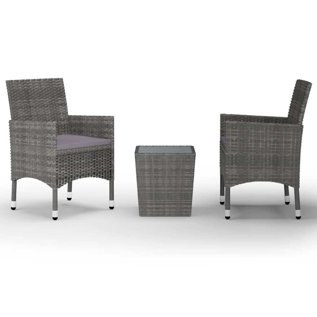 3 részes szürke polyrattan és edzett üveg bisztrószett