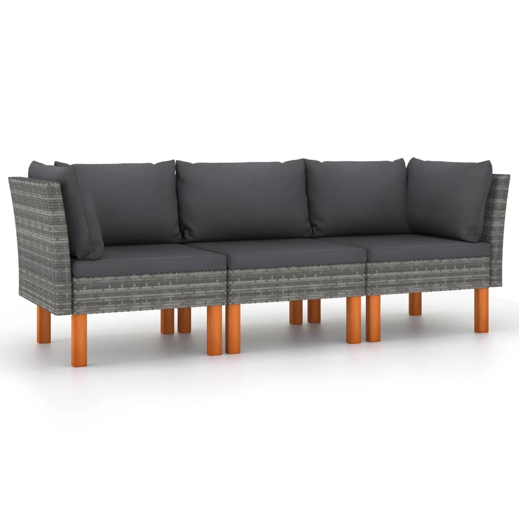 3 személyes szürke polyrattan kerti kanapé párnákkal