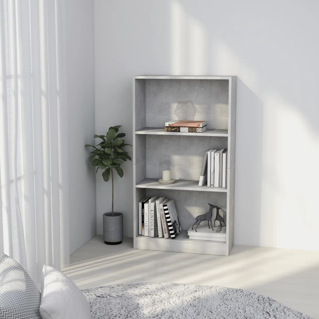 3-szintes betonszürke forgácslap könyvszekrény 60x24x108 cm