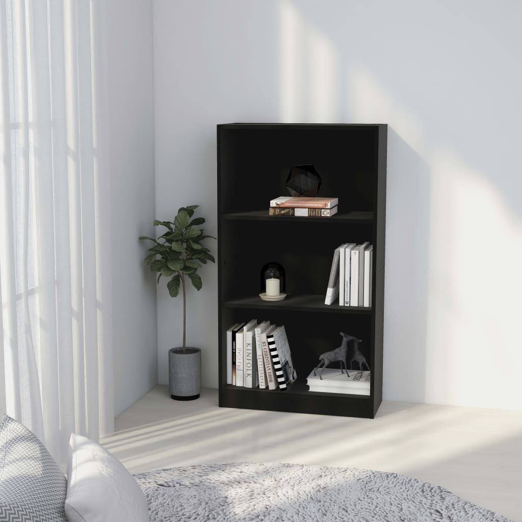 3-szintes fekete forgácslap könyvszekrény 60 x 24 x 108 cm