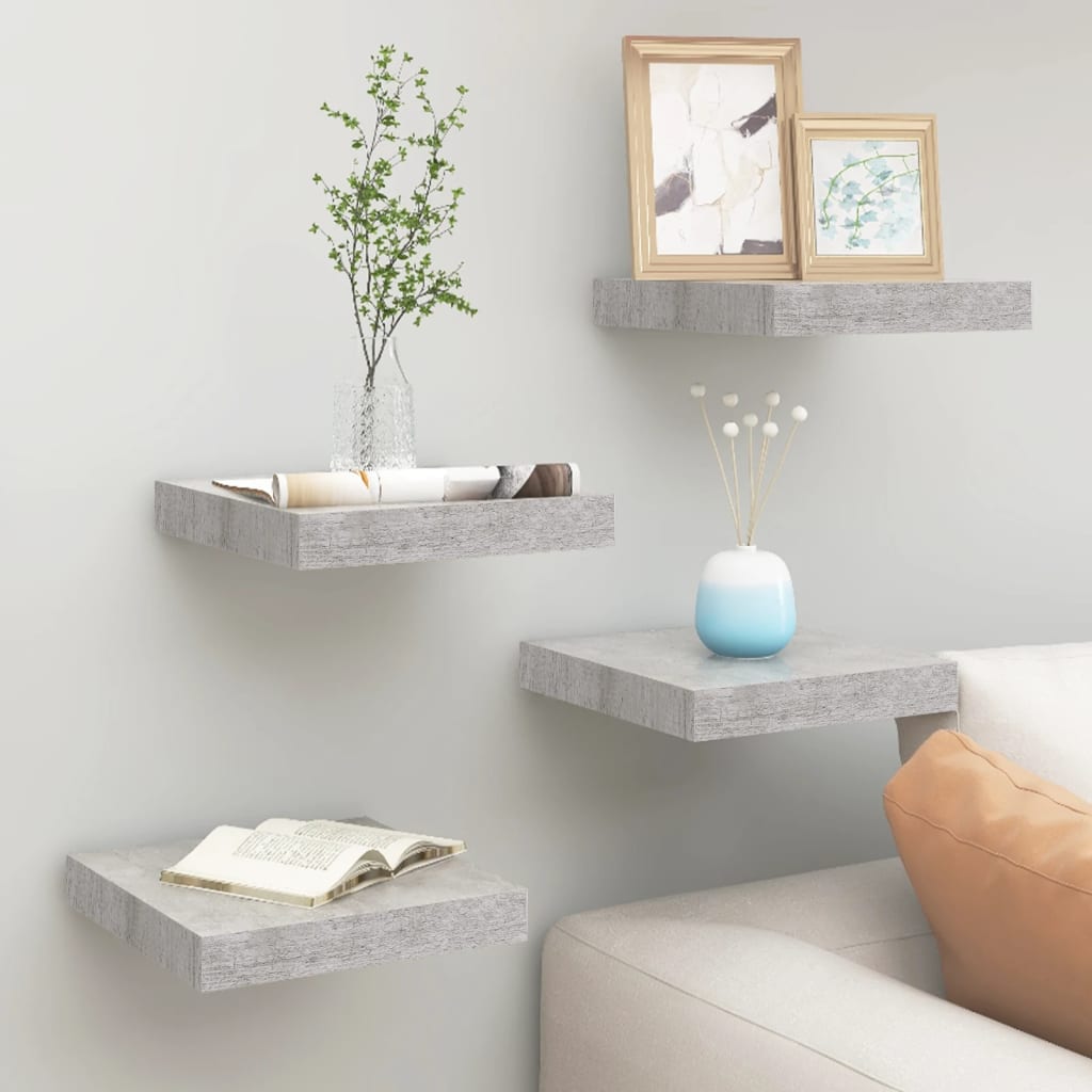 4 db betonszürke mdf lebegő fali polc 23 x 23,5 x 3,8 cm