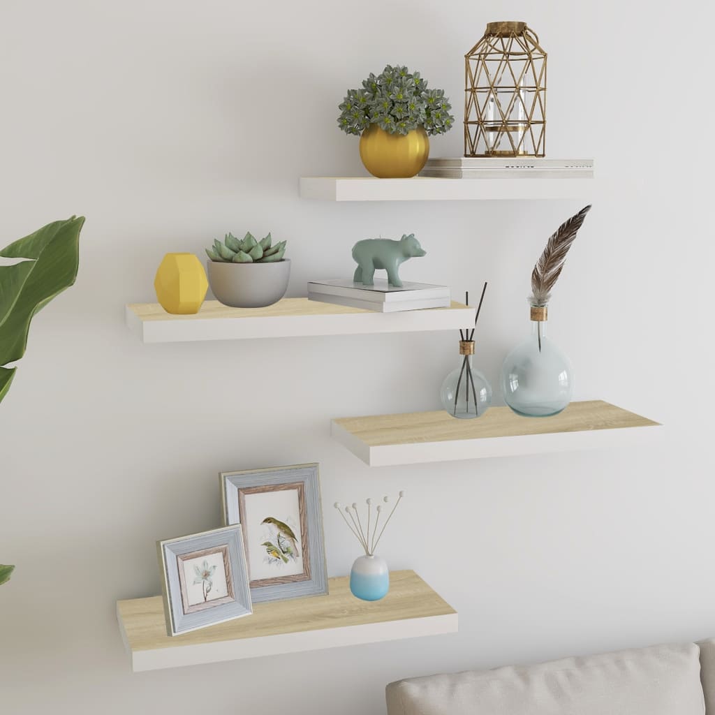 4 db fehér és tölgyszínű mdf fali polc 60 x 23,5 x 3,8 cm