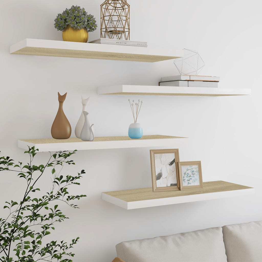4 db fehér és tölgyszínű mdf fali polc 80 x 23,5 x 3,8 cm