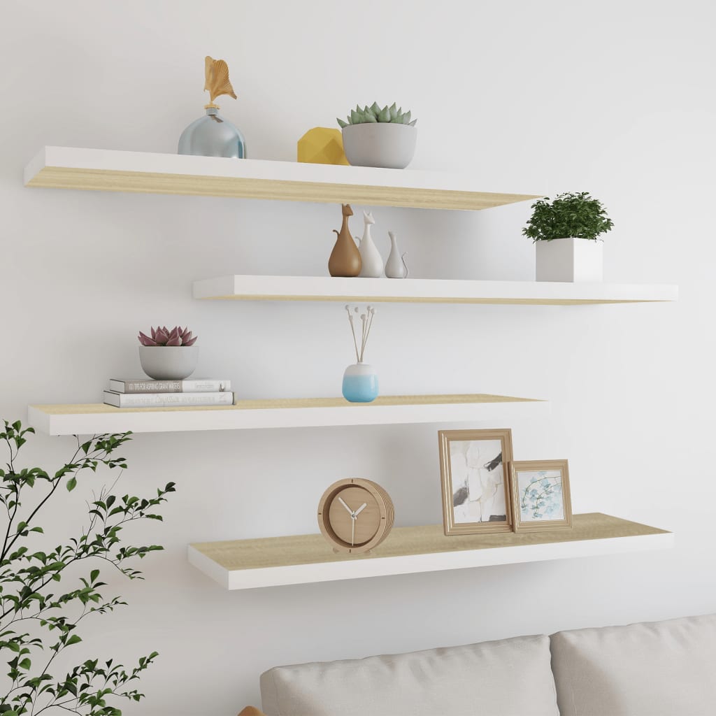 4 db fehér-tölgyszínű mdf lebegő fali polc 120 x 23,5 x 3,8 cm