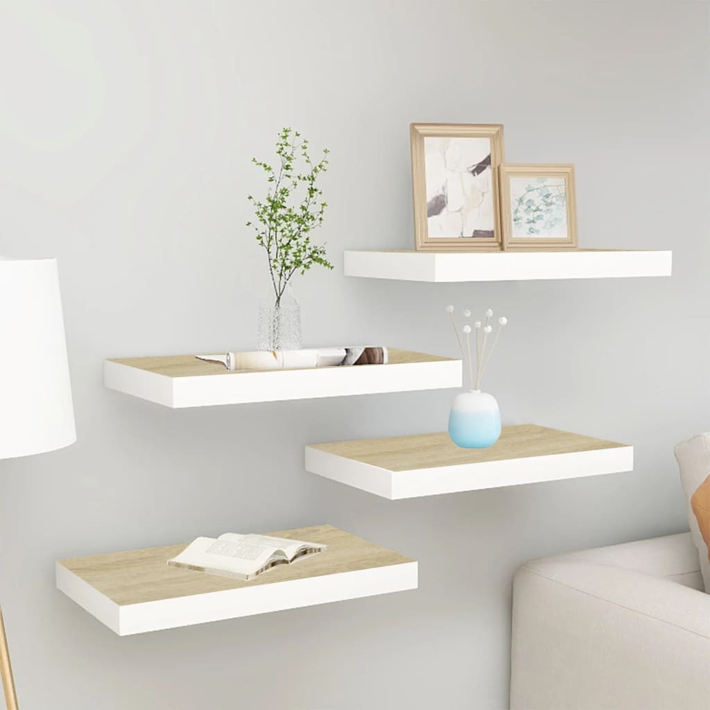 4 db fehér-tölgyszínű mdf lebegő fali polc 50 x 23 x 3,8 cm