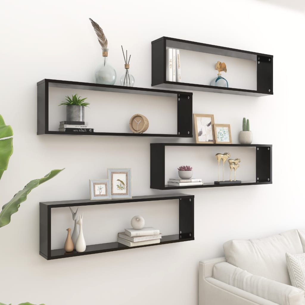 4 db fekete forgácslap fali polc 100 x 15 x 30 cm