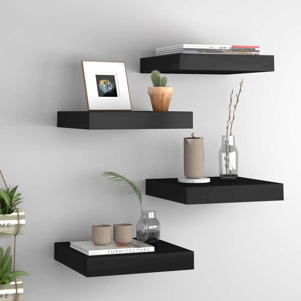 4 db fekete mdf fali polc 23 x 23,5 x 3,8 cm