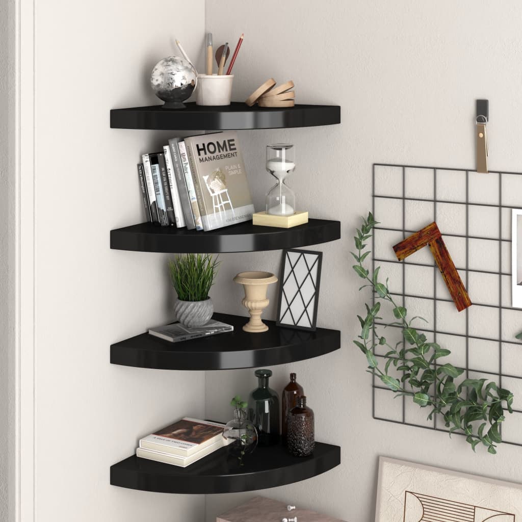 4 db fekete mdf lebegő sarokpolc 35 x 35 x 3,8 cm