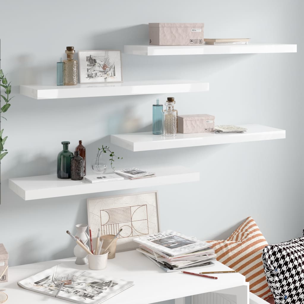 4 db magasfényű fehér mdf fali polc 80 x 23,5 x 3,8 cm