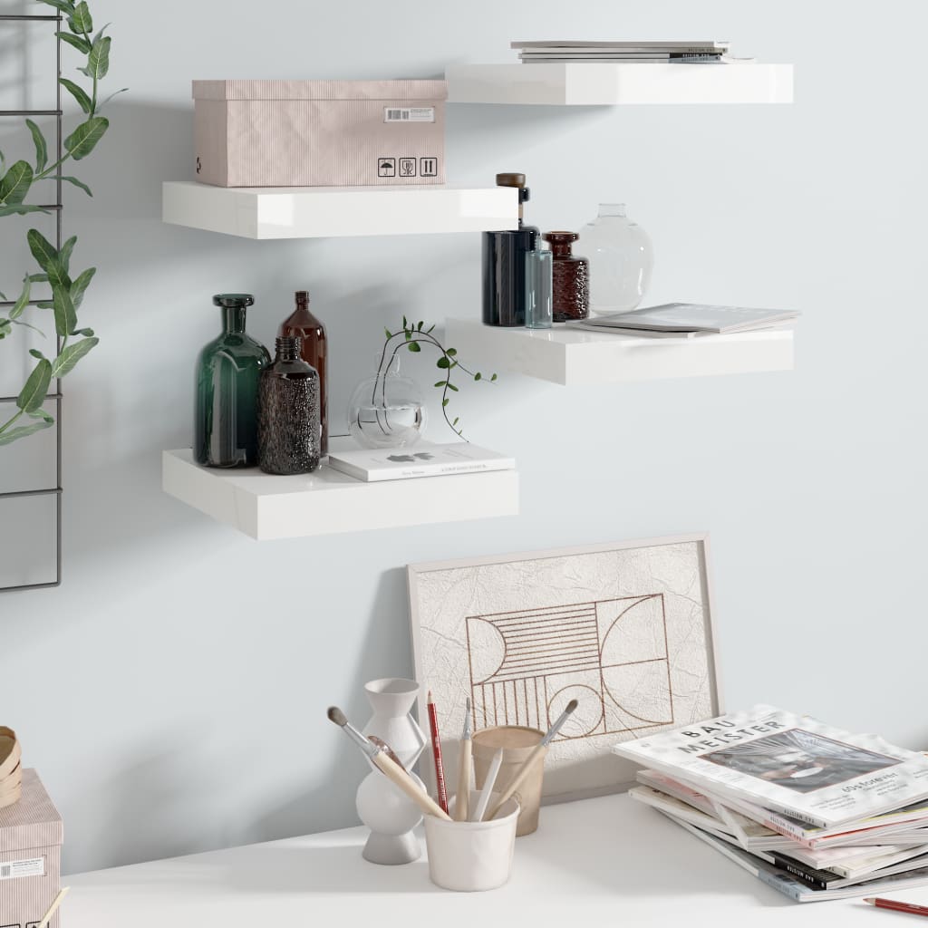 4 db magasfényű fehér mdf lebegő fali polc 23 x 23,5 x 3,8 cm