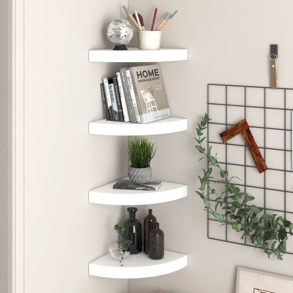 4 db magasfényű fehér mdf lebegő sarokpolc 25 x 25 x 3,8 cm