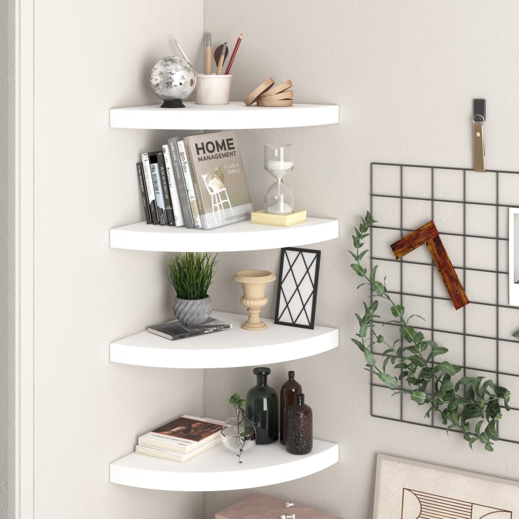 4 db magasfényű fehér mdf lebegő sarokpolc 35 x 35 x 3,8 cm
