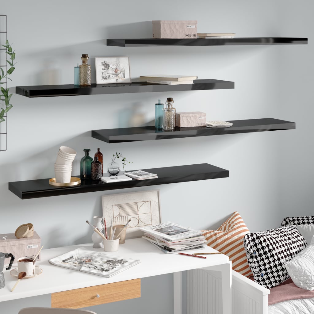 4 db magasfényű fekete mdf fali polc 120 x 23,5 x 3,8 cm