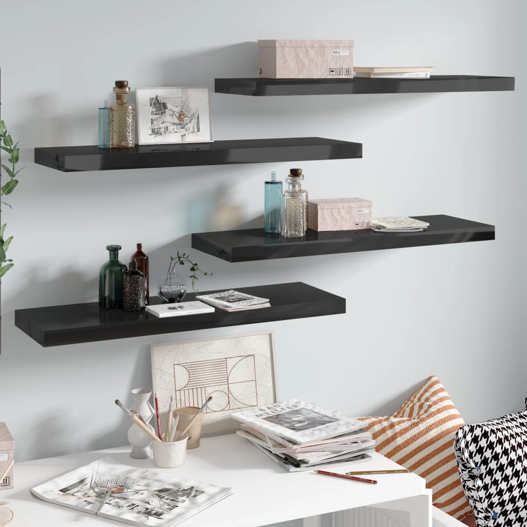 4 db magasfényű fekete mdf fali polc 80 x 23,5 x 3,8 cm