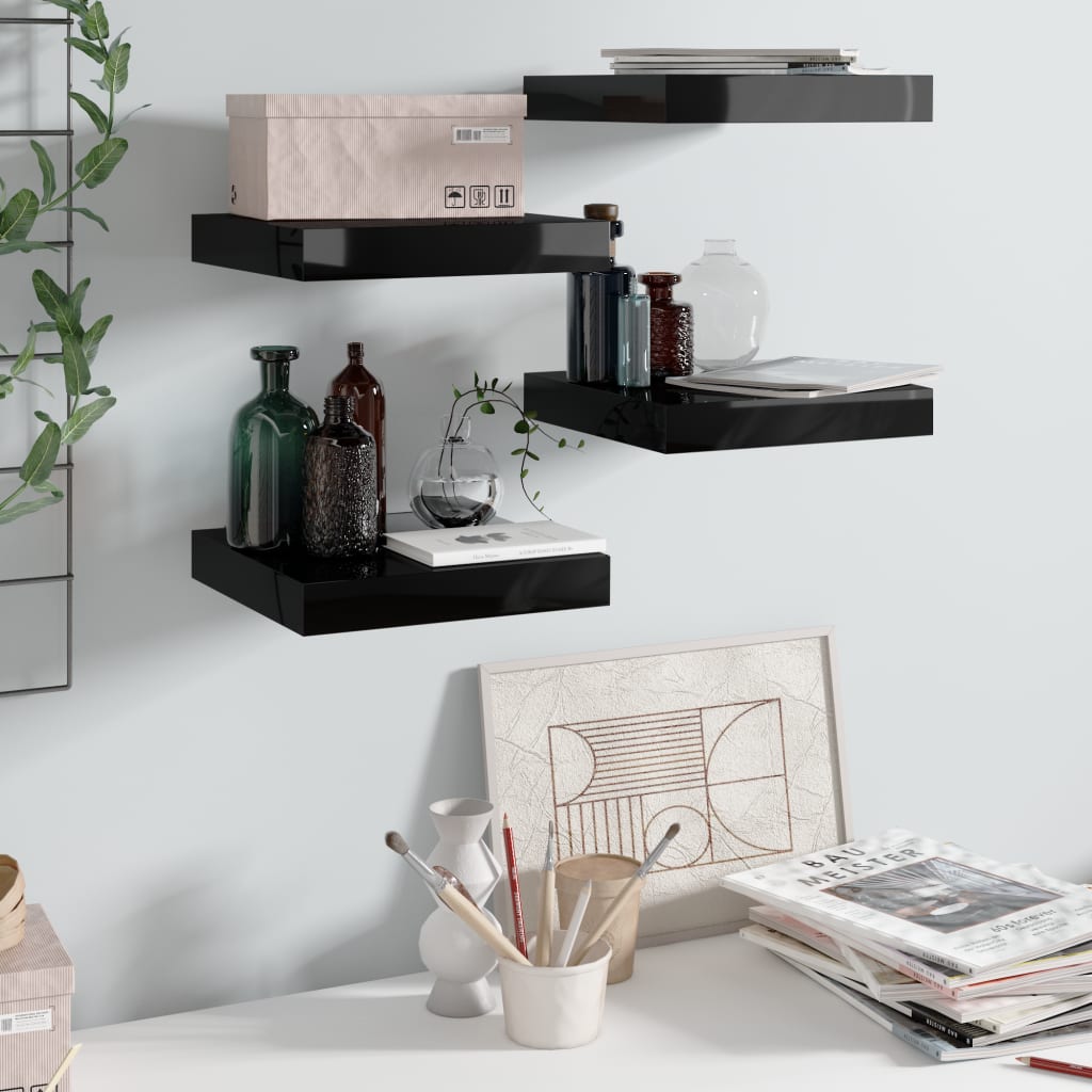 4 db magasfényű fekete mdf lebegő fali polc 23 x 23,5 x 3,8 cm