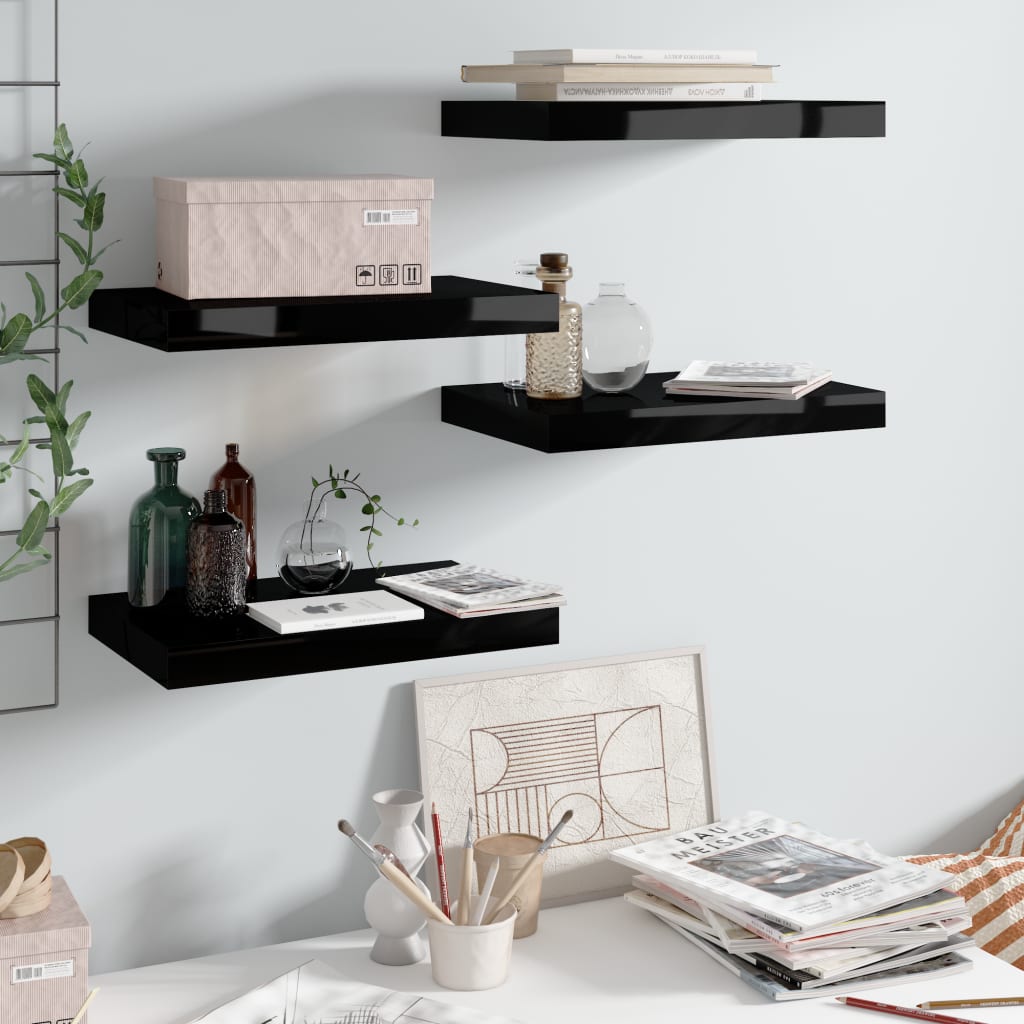 4 db magasfényű fekete mdf lebegő fali polc 40 x 23 x 3,8 cm
