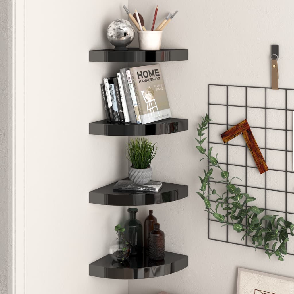 4 db magasfényű fekete mdf lebegő sarokpolc 25 x 25 x 3,8 cm