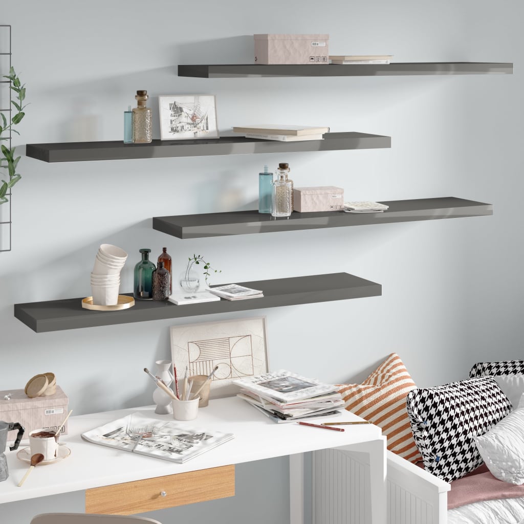4 db magasfényű szürke mdf fali polc 120 x 23,5 x 3,8 cm