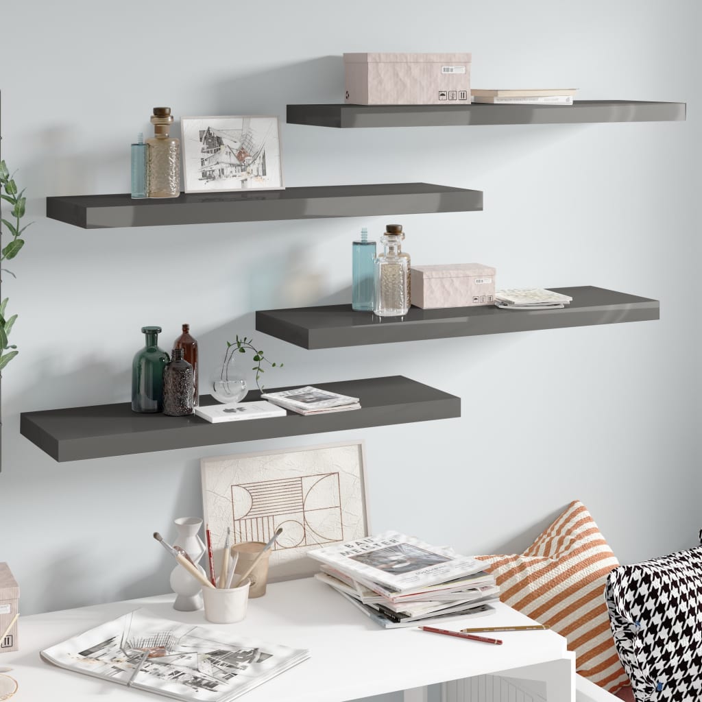 4 db magasfényű szürke mdf fali polc 80 x 23,5 x 3,8 cm