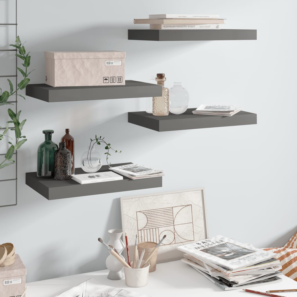 4 db magasfényű szürke mdf lebegő fali polc 40 x 23 x 3,8 cm