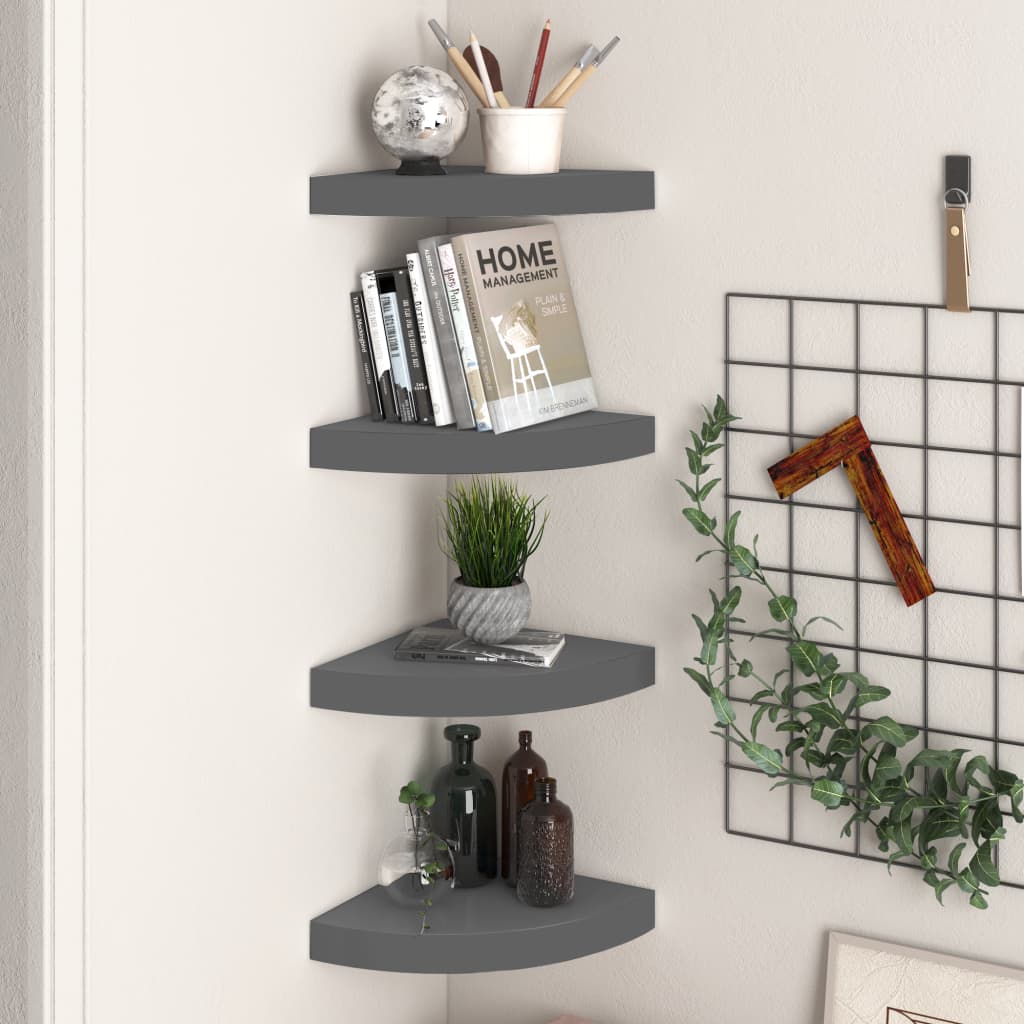 4 db magasfényű szürke mdf lebegő sarokpolc 25 x 25 x 3,8 cm