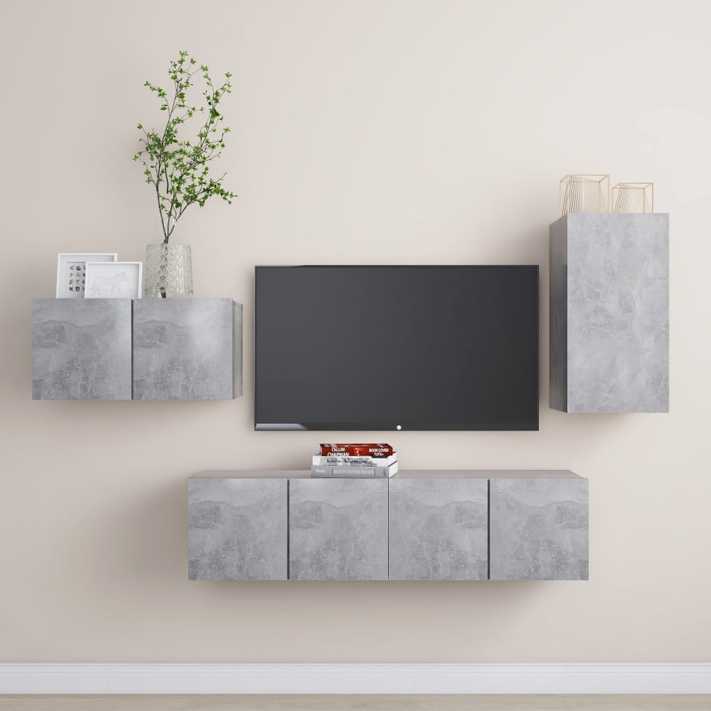 4 részes betonszürke forgácslap tv-szekrényszett 4 részes betonszürke forgácslap tv-szekrényszett