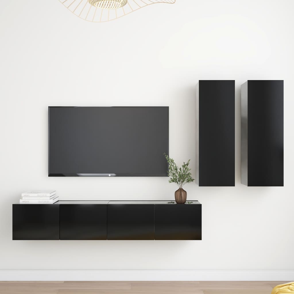 4 részes fekete forgácslap tv-szekrényszett