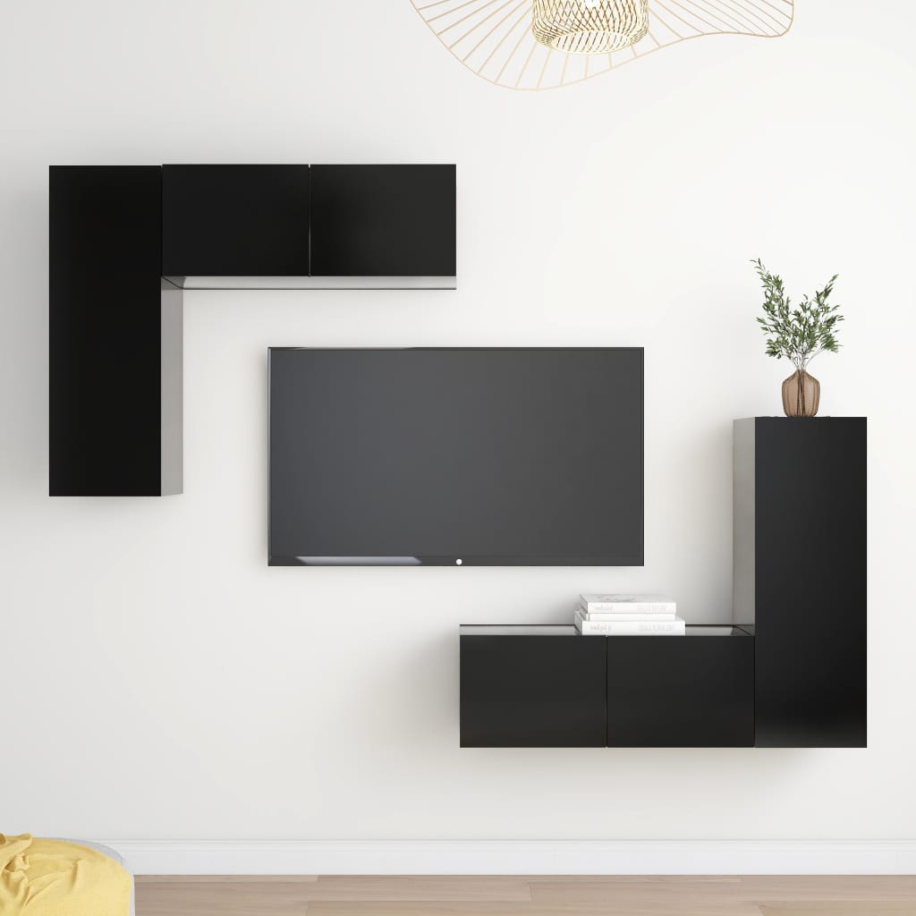 4 részes fekete forgácslap tv-szekrényszett