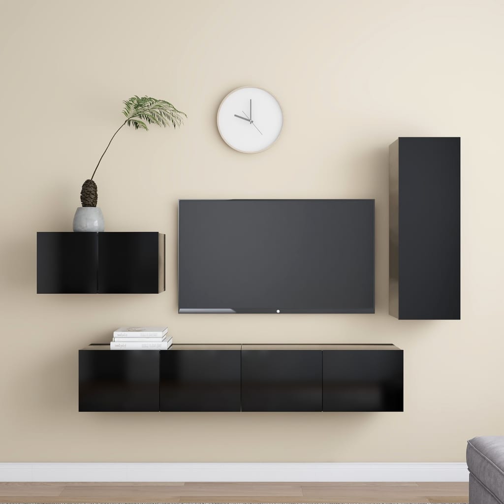 4 részes fekete forgácslap tv-szekrényszett 4 részes fekete forgácslap tv-szekrényszett