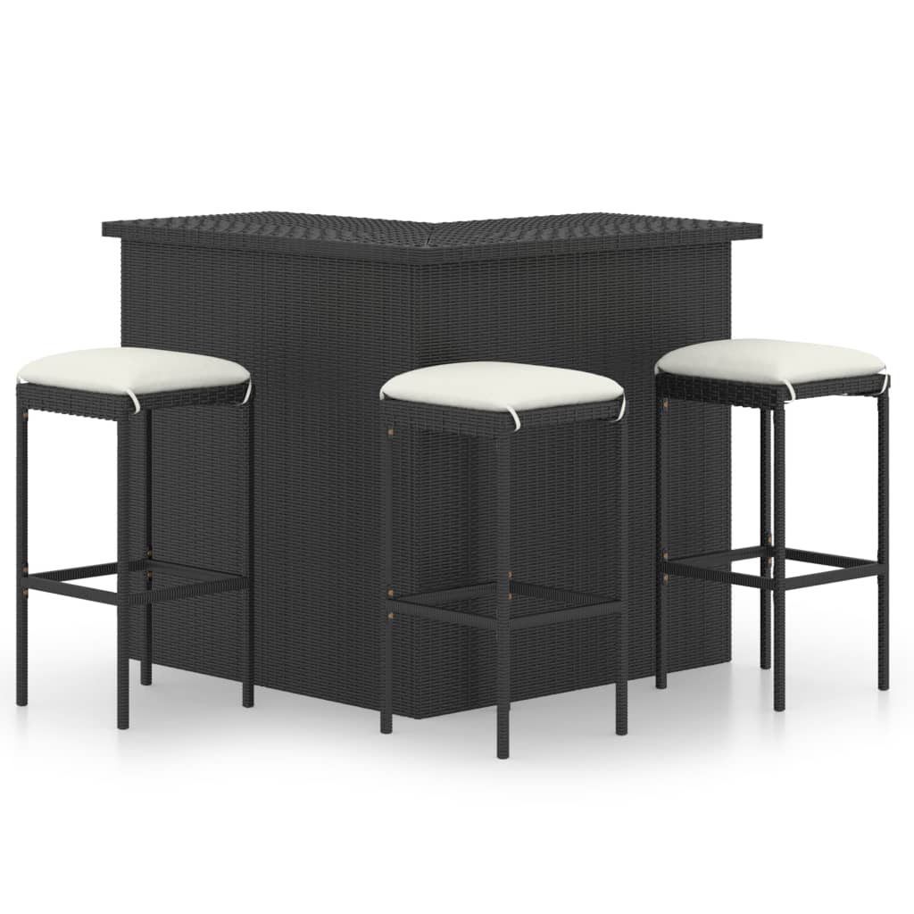 4 részes fekete polyrattan kerti bárszett párnával