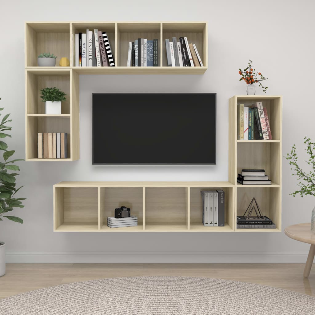 4 részes tölgyszínű forgácslap tv-szekrény szett