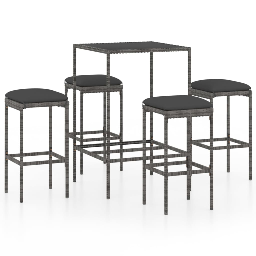 5 darabos szürke polyrattan kerti bárszett párnákkal