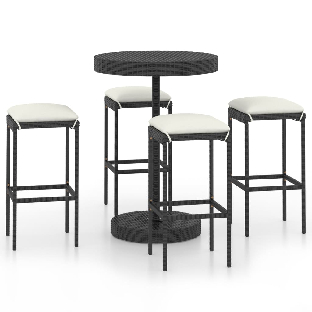 5 részes fekete polyrattan kerti bárszett párnákkal