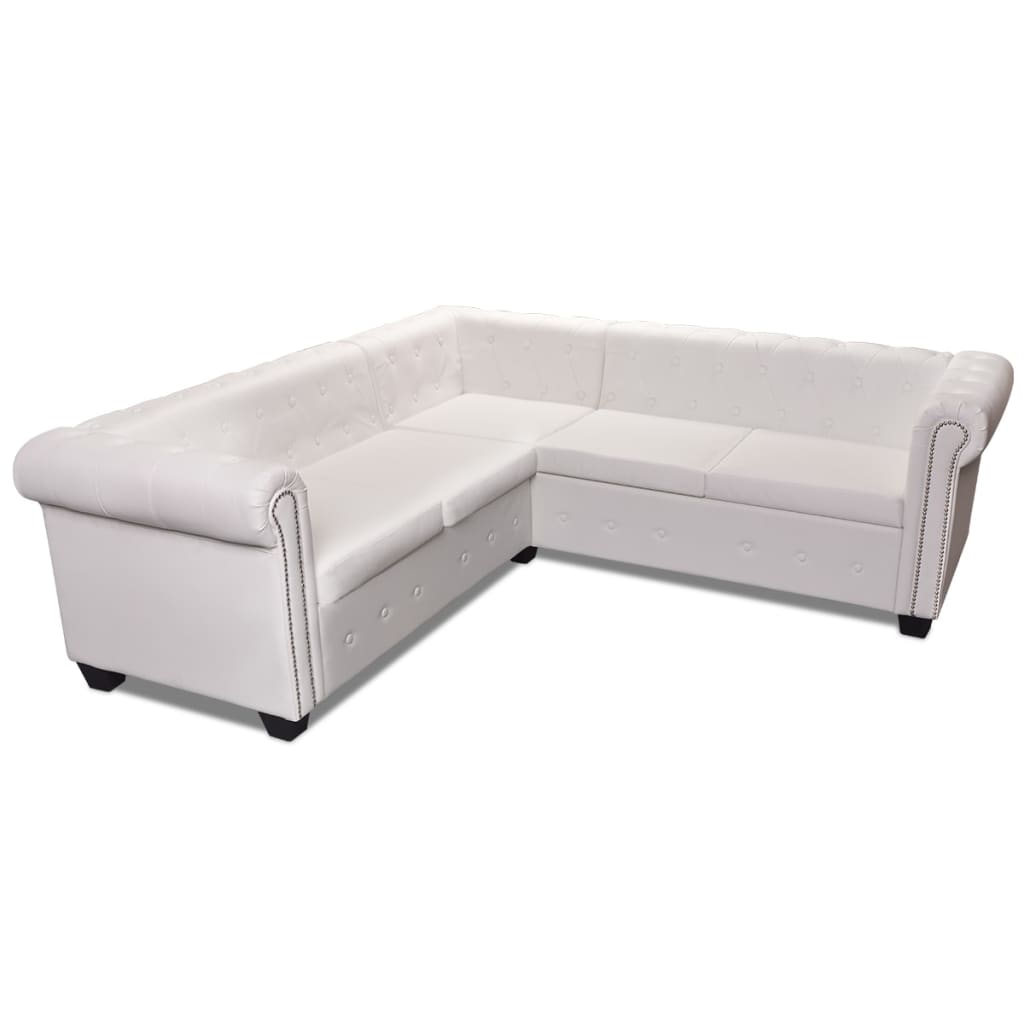5 személyes fehér műbőr chesterfield sarokkanapé